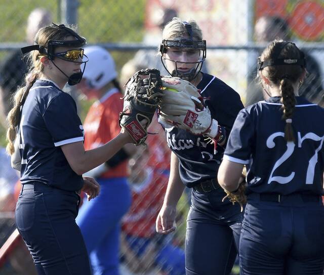 Shaler pitcher Bria Bosiljevac celebrates with Peyton Nichols after getting a strikeout against Armstrong during their WPIAL Class 5A quarterfinal Tuesday at Plum. (Christopher Horner | TribLive)