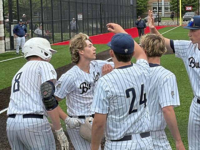Butler's Boden Lenyk celebrates a home run with teammates against Norwin in the WPIAL Class 6A semifinals Wednesday, May 20, 2026. (Don Rebel | TribLive)