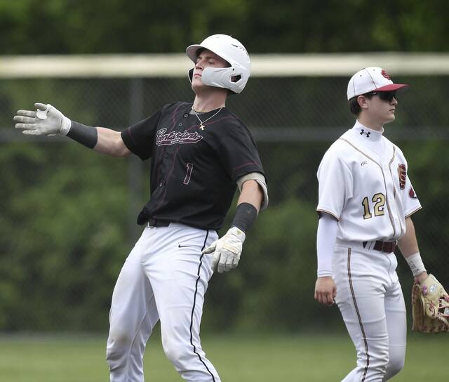 Greensburg Central’s Anthony Grippo celebrates after driving in the go-ahead run with a double against Serra Catholic during their WPIAL Class A semifinal on Wednesday, May 20, 2026, at Norwin. (Christopher Horner | TribLive)