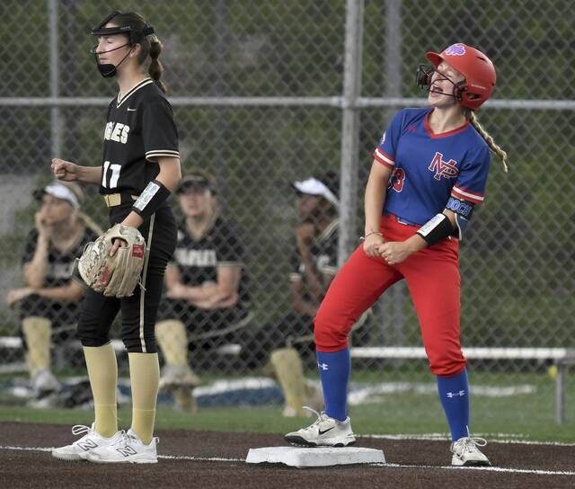 Mt. Pleasants Chloe Borelli celebrates her triple against Keystone Oaks during their WPIAL Class 3A semifinal Wednesday. (Christopher Horner | TribLive)