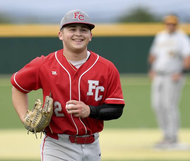 Fort Cherry pitcher Ryan Huey smiles as he exits the game with two outs in the seventh inning against Riverview during their WPIAL Class 2A semifinal on Wednesday, May 20, 2026, at Gateway. (Christopher Horner | TribLive)