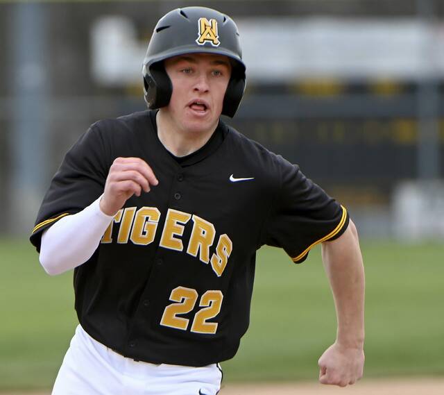 North Alleghenys Jake Fritz scores against Norwin on March 25. (Christopher Horner | TribLive)