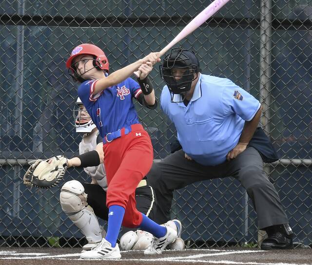 Mt. Pleasant’s Carly Surma watches her triple against Keystone Oaks during their WPIAL Class 3A semifinal on Wednesday, May 20, 2026, at Norwin. (Christopher Horner | TribLive)