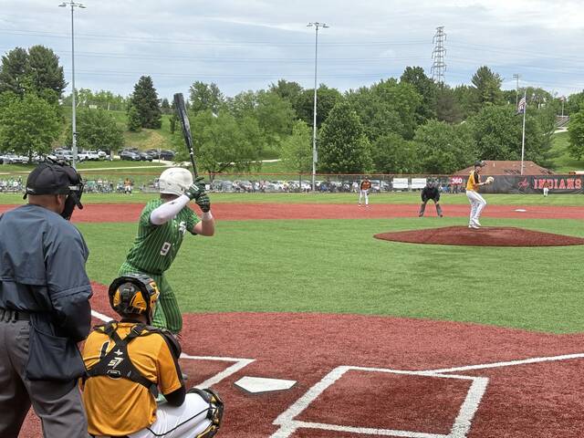 South Fayettes Cody Bungert stands in against Thomas Jeffersons Bryce Butler in the WPIAL Class 5A semifinals Thursday, May 21, 2026. (Don Rebel | TribLive)