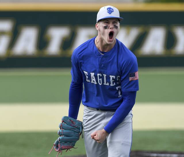 South Park pitcher Cooper Hochendoner celebrates getting out of a jam against Avonworth during their WPIAL Class 3A semifinal on Thursday, May 21, 2026, at Gateway. (Christopher Horner | TribLive)