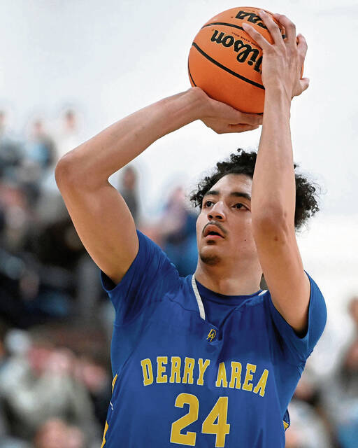 Derry’s Stanley Rajkovich scores against Greensburg Salem on Tuesday, Jan. 20, 2026, at Greensburg Salem. (Christopher Horner | TribLive)