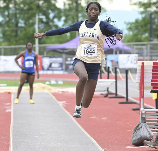 Kiski Areas Alaysia Bell places second in the triple jump during the PIAA Class 3A Track and Field Championships Friday	at Shippensburg University. (Chaz Palla | TribLive)