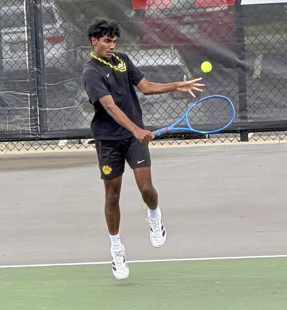 North Alleghenys Ashwin Sudhakar plays during the WPIAL Class 3A team tennis championship May 5 at Washington & Jefferson. (Antonio Rossetti | For TribLive)