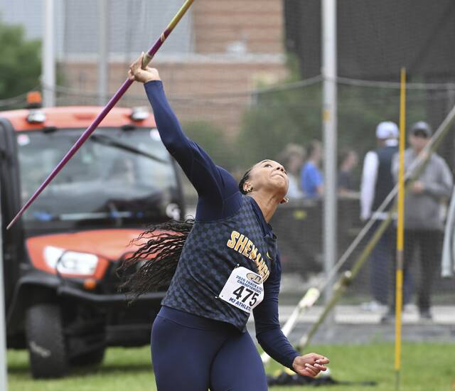 Shanagos Anna McKinley wins the javelin throw during the PIAA Class 2A Track and Field Championships on Friday at Shippensburg University. (Chaz Palla | TribLive)