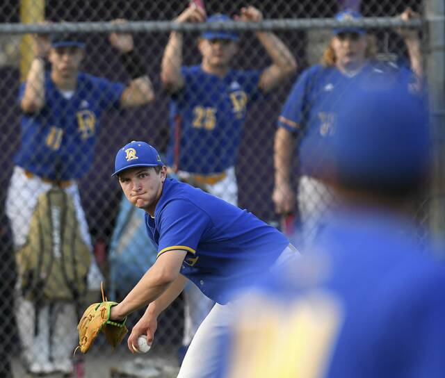 Derry pitcher Max Doherty fields his position against Hampton during their WPIAL Class 4A quarterfinal on Monday, May 18, 2026, at Plum. (Christopher Horner | TribLive)