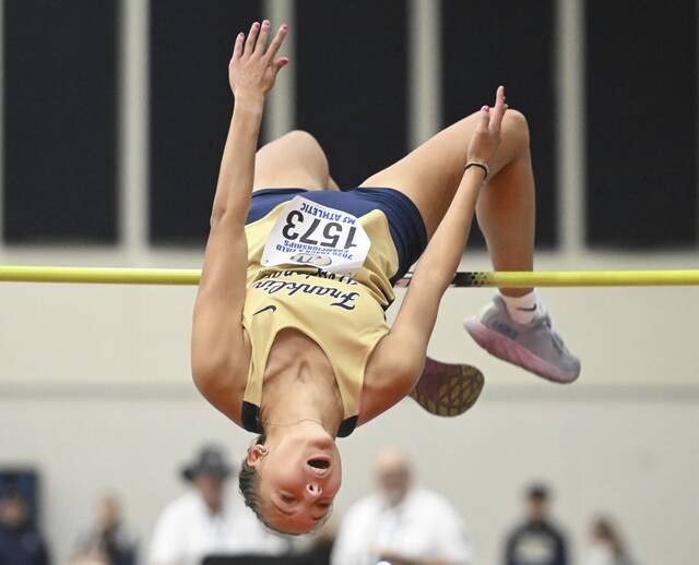 Franklin Regionals Jamie Kociela wins the high jump during the PIAA Class 3A track and field championships Saturday. (Chaz Palla | TribLive)