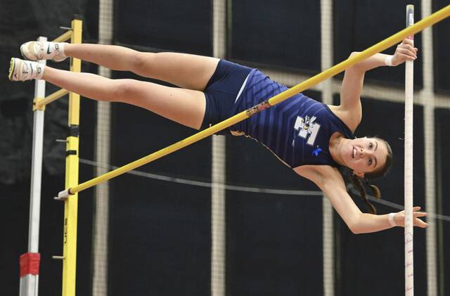 Freeports Mackenzie Magness takes second in the pole vault during the PIAA Class 2A track and field championship Saturday. (Chaz Palla | TribLive)