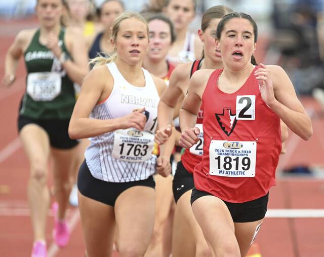 Peter Townships Kathryn Froelich wins the 1,600 meters during the PIAA Class 3A Track and Field Championships on Friday at Shippensburg University. (Chaz Palla | TribLive)