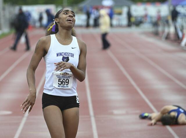 Winchester Thurstons DaShae Cochran wins the 400-meter dash during the PIAA Class 2A Track and Field Championships on Saturday at Shippensburg University. (Chaz Palla | TribLive)
