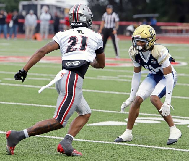 Pine-Richland's Dajaun Webb waits for Maryland's Jonathan Coleman to make his cut during the first half of the Big 33 Classic on Sunday, May 24, 2026 at Chapman Field. (Josh Rizzo | For TribLive)