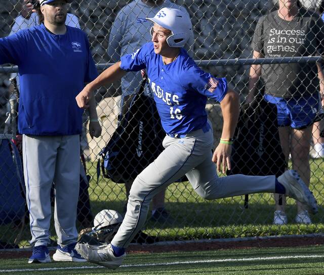 South Parks Ryan Spitznagel scores against Freeport during their WPIAL Class 3A quarterfinal May 19. (Christopher Horner | TribLive)
