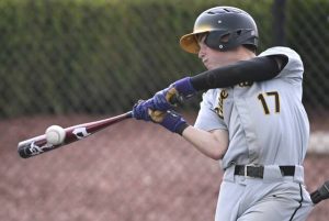 Riverviews Ian Stempfer hits an RBI single against South Side during the WPIAL Class 2A third-place game Tuesday at Ross Memorial Park. (Chaz Palla | TribLive)