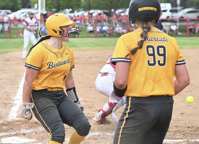 Bentworth starting pitcher Sydney Gonglik celebrates after scoring against Neshannock during the WPIAL Class 2A softball championship game Wednesday at Lilley Field. (Chaz Palla | TribLive)