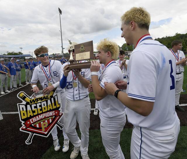 Ellwood City captains hoist the WPIAL championship trophy after defeating South Park in the Class 3A final on Wednesday, May 27, 2026, at EQT Park. (Christopher Horner | TribLive)