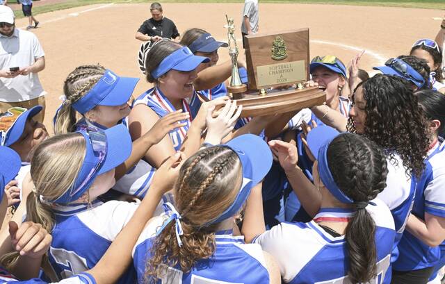 Union celebrates with the trophy after beating Carmichaels in the WPIAL Class A softball championship Thursday, May 28, 2026 at Lilley Field. (Chaz Palla | TribLive)