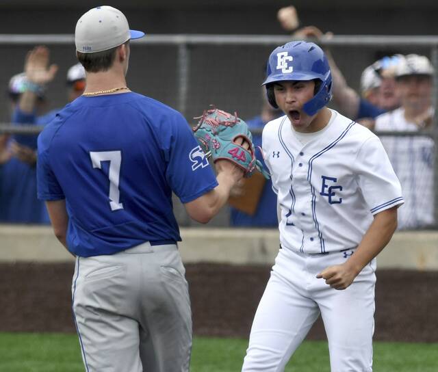 Ellwood Citys Gino Biondi celebrates after scoring during the sixth inning of the WPIAL Class 3A championship game against South Park on Wednesday at EQT Park. (Christopher Horner | TribLive)