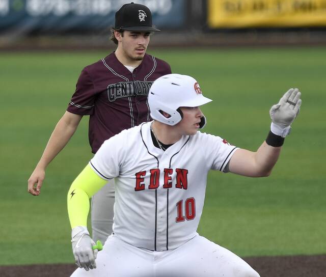 Eden Christians Brady Hull celebrates his two-run double against Greensburg Central Catholic during the WPIAL Class A championship game on Tuesday, May 26, 2026, at EQT Park. (Christopher Horner | TribLive)