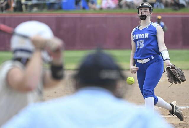 Union starting pitcher Korynne Shannon throws against Carmichaels during the WPIAL Class A softball championship May 28, 2026 at Lilley Field. (Chaz Palla | TribLive)
