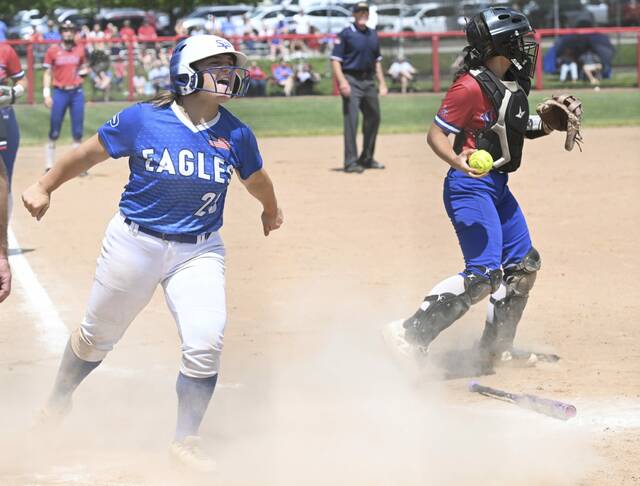 South Parks Emma Hays celebrates after she scores in the first inning against Mt. Pleasant during the WPIAL Class 3A softball championship May 28, 2026 at Lilley Field. (Chaz Palla | TribLive)