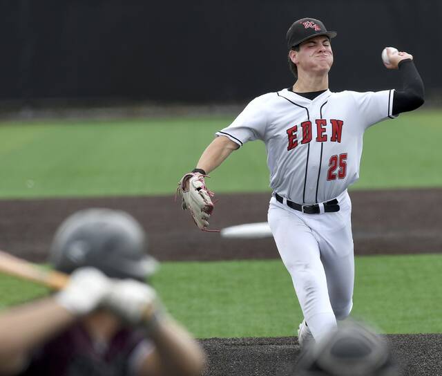 Eden Christian pitcher Noah Emswiler delivers against Greensburg Central during the WPIAL Class A championship game on Tuesday, May 26, 2026, at EQT Park. (Christopher Horner | TribLive)